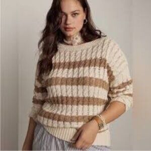 Pilcro Cozy Cable Knit Sweater Brown & Cream Stripes Long Sleeves Soft & Stylish